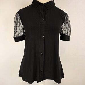 Adele & May Petite Black Button Front Top Polka‎ Dot Mesh Puff Sleeve Blouse M